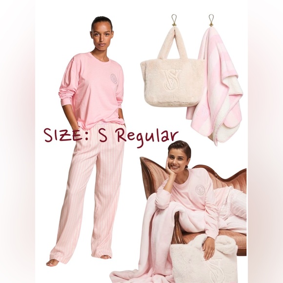Victoria's Secret Other - VICTORIA SECRET FAUX FUR TOTE,COZY FLEECE BLANKET,T-JAMA  WITH PINK STRIPE